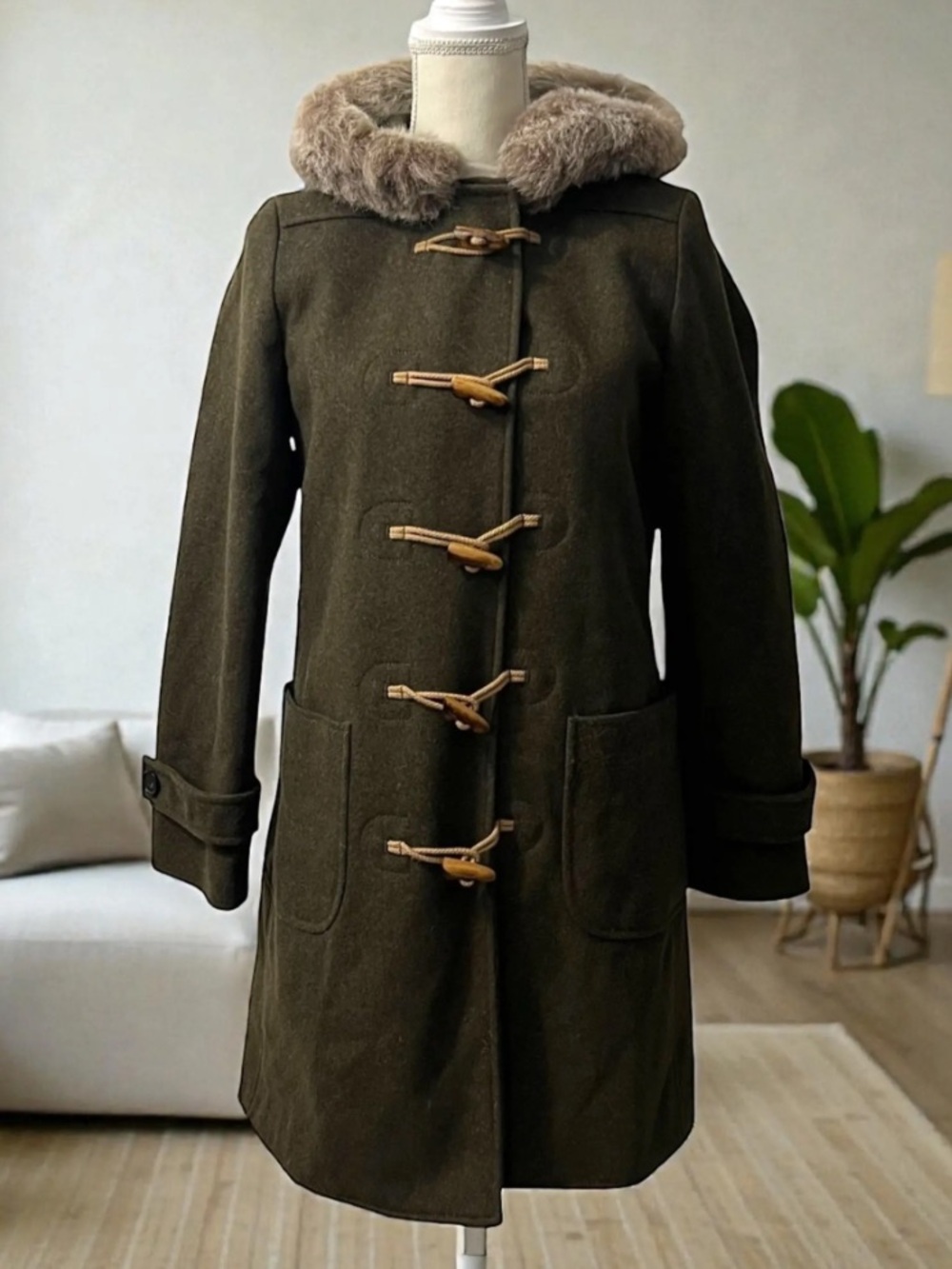 J. Crew Women's Wool Olive Toggle Coat with Real Shearling Fur Hood